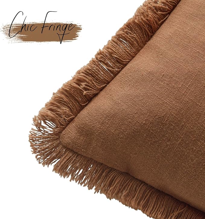 Foindtower Set of 2 Decorative Linen Fringe Throw Pillow Covers Cozy Boho Farmhouse Cushion Cover with Tassels Soft Accent Pillowcase for Couch Sofa Bed Living Room Home Decor,16×16 Inch,Orange Brown