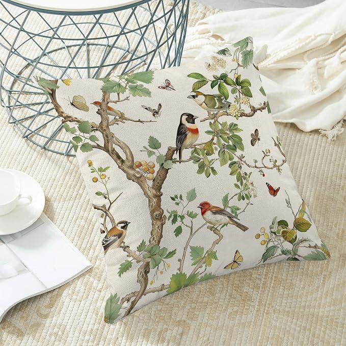 Chinoiserie Pillow Covers 18x18 Inch Set of 2 Green Floral Bird Throw Pillows Vintage Flower Decorations Pillow Cases Outdoor Chinoiserie Decor Farmhouse Linen Cushion Cover for Couch Home