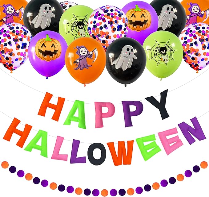 Pre-Strung 3D Felt Happy Halloween Banner - Reusable Happy Halloween Decoration Sign,Orange Purple Black Felt Ball Garland, Pom Pom Garland, Horror Party Decorations, Photo Prop