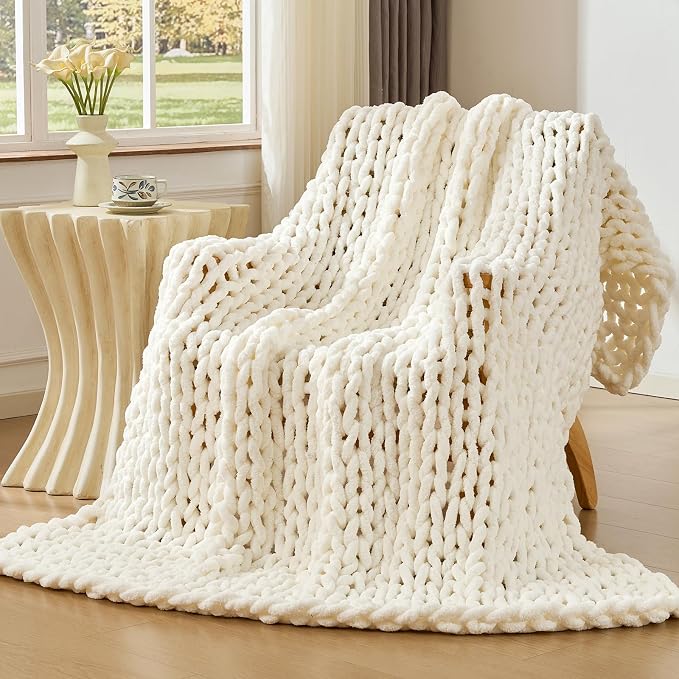 Bigacogo Chunky Knit Throw Blanket for Couch, 40x60 inches, Ivory | Hand Knit with Jumbo Chenille, Soft Breathable Cable Knit for Sofa Bed Living Room, Machine Washable, Gift for Mom Friend