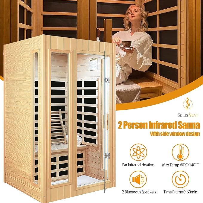 2 Person Sauna, Low EMF Far Infrared Sauna, 1500W Hemlock Wood Sauna Indoor Sauna Infrared Sauna for Home with Bluetooth Speakers, Reading Lamps, Tempered Glass