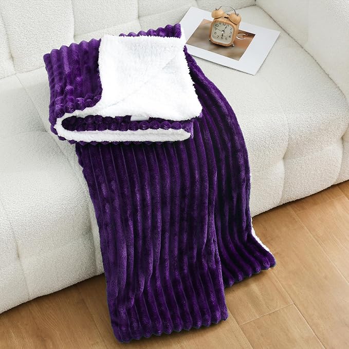 Purple Sherpa Fleece Throw Blanket 50”×60” for Couch Sofa Bed | Double Side Soft Fuzzy Cozy Plush Thick Flannel Blanket with Striped Design Gift for Adults,Woman