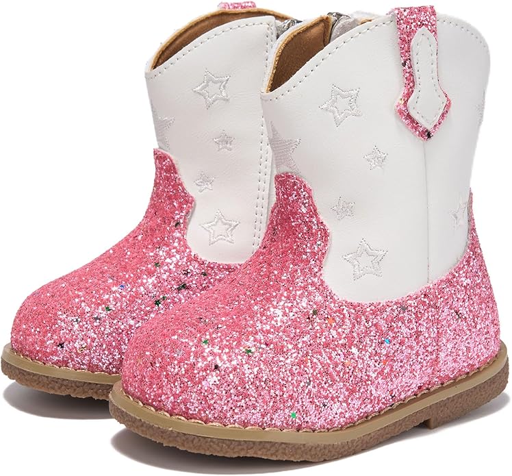 Newsonet Baby Cowboy Cowgirl Boots Infant Western Boots Toddler Boys Girls Round Toe Riding Mid Calf Boots All Seasons for 6 9 12 18 24 Months