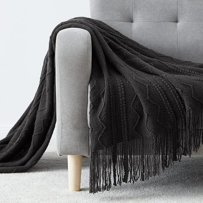 BOURINA Black Throw Blanket 50x60 Inch Boho Knitted Soft Throw Sofa Blanket | Knitted Throw Blanket 50x60 Inches, Soft Lightweight Boho Weave Throw Decorative Couch Blanket for Living Room Bedroom Chair