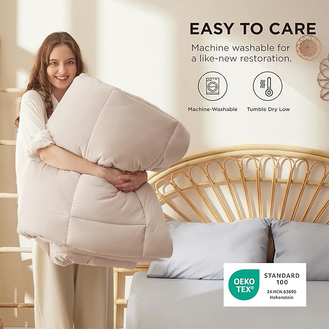 Bedsure Comforter Duvet Insert - Quilted Comforters Queen Plus Size, All Season Duvet, GentleSoft Down Alternative Bedding Blanket, with 8 Tabs, Gifts for Women/Men,Beige,Queen Plus 90 x 90 Inches