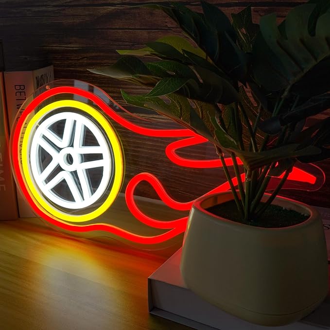 Car Wheel Neon Sign Flame Wheel Neon Light LED Garage Decor for Man Cave Game Room Bar Dimmable Racing-Themed Lighting USB Powered Acrylic Neon Sign for Party Birthday Gift