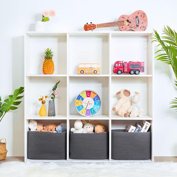 3-Pack Decorative Woven Storage Baskets for Shelves, Cube Bin Box for Organizing Books, Shoes, Dog Toys, Pantry Closet and Living Room Organizer, Charcoal Gray