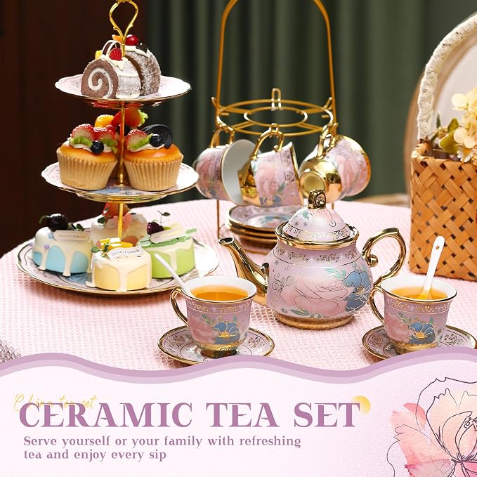 21 Pcs Ceramic Teapot Set Vintage Porcelain Tea Cups with Metal Holder and High Tier Cupcake Stand Saucers for Women Girls Farmhouse European Weddings Party Decor Gifts(Purple,Delicate)