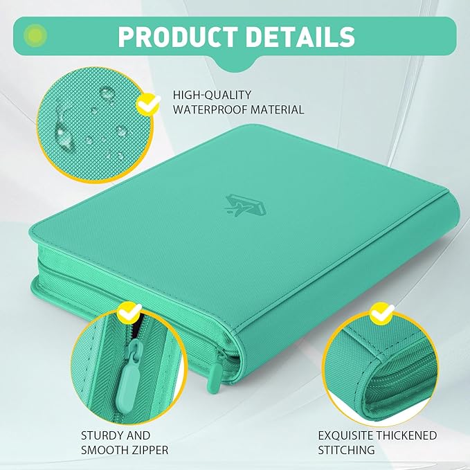 Trading Card Binder 9 Pocket, 360 Pockets Double-Sided Card Album, Premium PU Leather Zipper Card Holder for MTG, TCG, Sports & Game Cards, Must-Have for Collectors（Light Green）