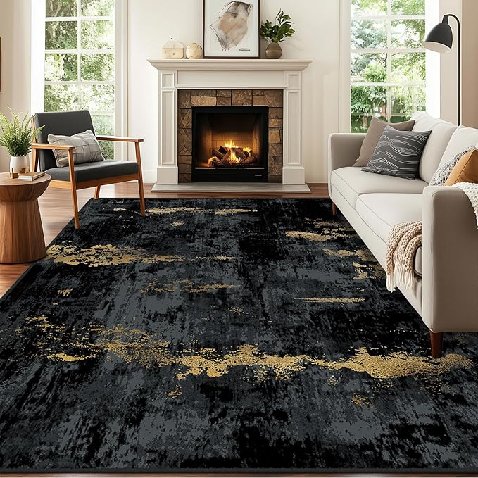 RELEANY Washable 6'x9' Abstract Area Rug for Living Room Black Gold | carpet for bedroom, kitchen, office, hallway and entryway, printed pattern, non-slip, soft, stain-resistant, easy to clean