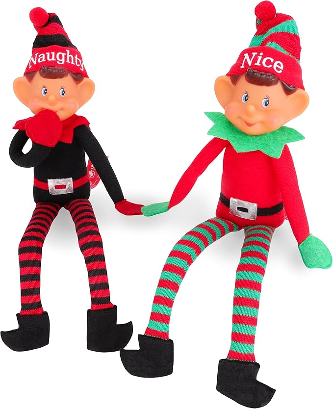 Toyland® Elves With Attitude Twin Pack Elf Soft Toys - 35cm (14") - Naughty & Nice Elves - The Ultimate Festve Duo - Knitted Hat & Legs - Vinyl Cheeky Face & Stick Together Hands - Festive Fun For All