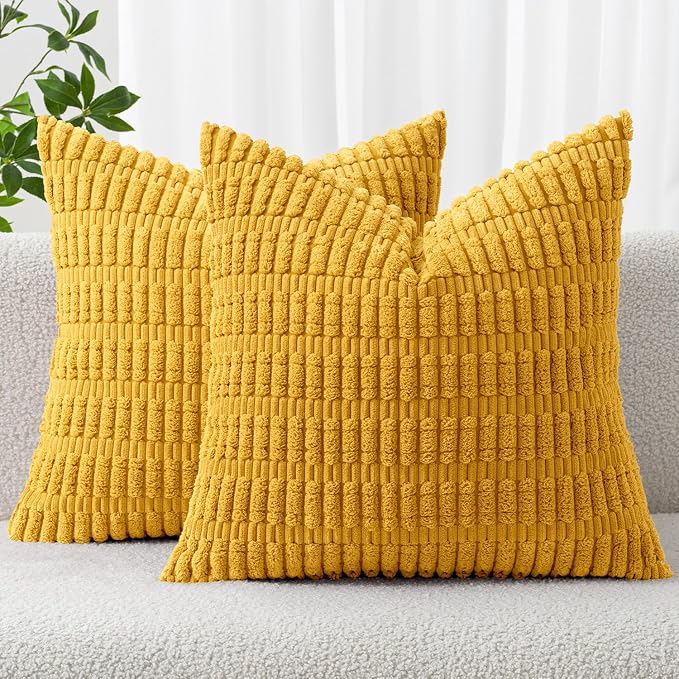 MIULEE Decorative Throw Pillow Covers 12x12 Mustard Yellow Pack of 2 | Soft Corduroy Boho Striped Pillow Covers Modern Farmhouse Home Decor For Sofa Living Room Couch Bed