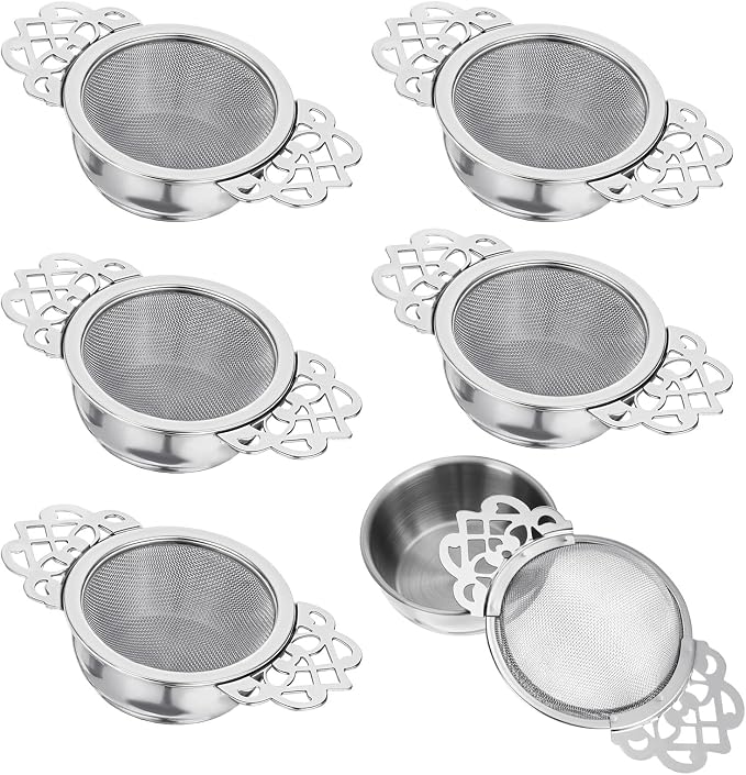 6 Pack Tea Filter Strainers Stainless Steel Loose Tea Infusers 2.5 Inch Tea Steeper with Double Wing Extender and Drip Bowl Sliver Small Fine Mesh Tea Strainers for Loose Tea Juice Coffee Filter