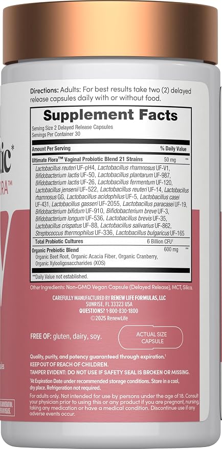 Renew Life Ultimate Flora Vaginal Probiotics for Women 6 Billion CFU | 60 Delayed Release Vegan Capsules | Vaginal Health and pH Balance | Dairy, Soy and Gluten Free Supplement