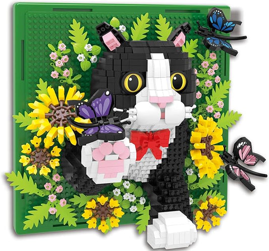 Flowers Cat Animal 3D Wall Art Micro Mini Building Blocks Set, Unique Home Wall Decor or Table Display, No Compatible with Lego Set, Ideal Gift Toy for Adults Boys Girls (1402 PCS)
