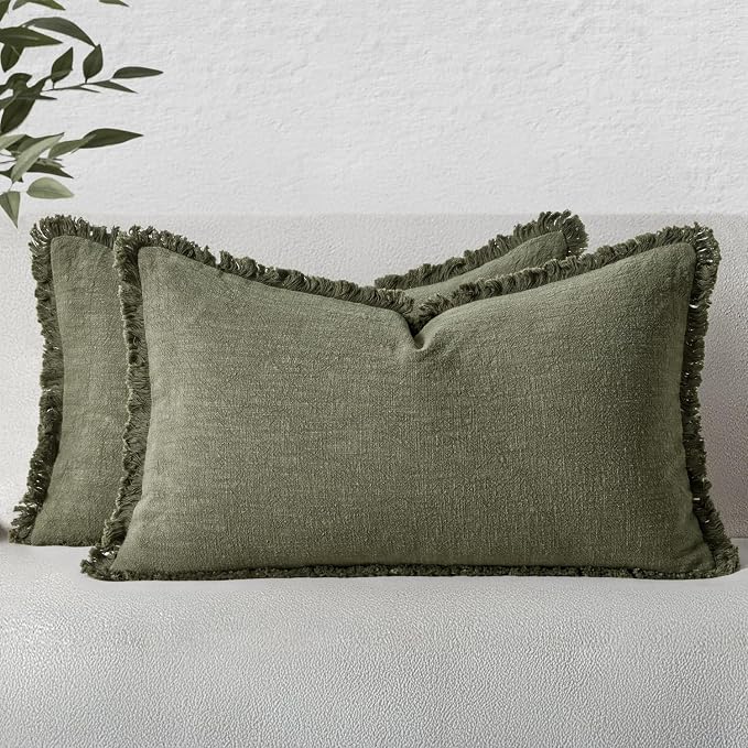MIULEE Boho Linen Decorative Lumbar Throw Pillow Covers Olive Green 12x20 | Set of 2, Cottagecore Decor, Boho Farmhouse Neutral Pillow Covers, Rustic Fringe Couch Cushions for Sofa Bed Living Room