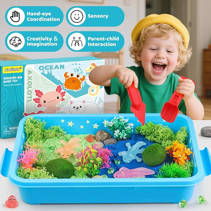 Kaelinda Axolotl Sensory Bin for Kids - Axolotl Toys Sand Sensory Bin with Lid, Art and Craft Axolotl Gifts Sensory Bin Sand for Kids Boys Girls 3-4 5-8 8-12 Birthday Christmas Gifts