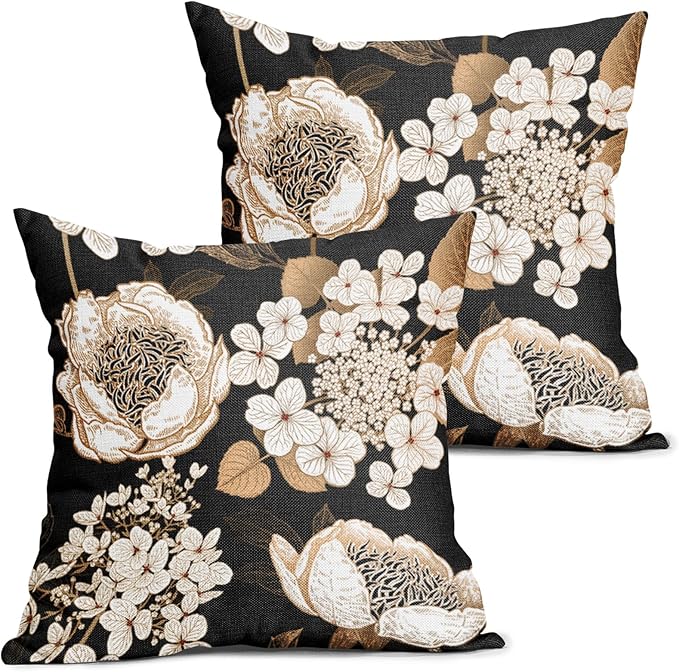 Vintage Flowers Pillow Covers 18X18 Inch Set of 2 White Floral Gold Leaves Botanical Decorative Pillow Cases Rustic Black Cotton Linen Cushion Case Farmhouse Home Decor For Sofa Couch Living Room