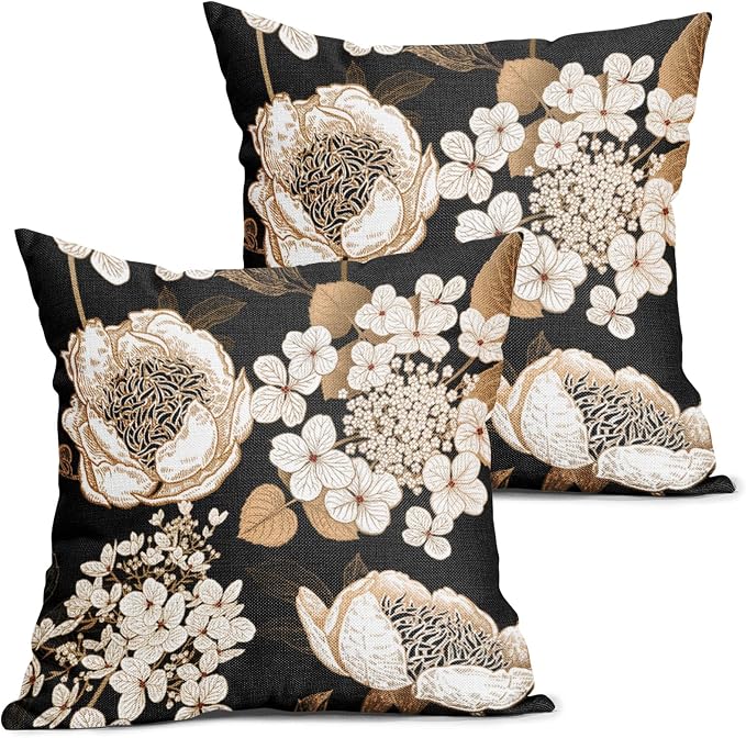 Vintage Flowers Pillow Covers 20X20 Inch Set of 2 White Floral Gold Leaves Botanical Decorative Pillow Cases Rustic Black Cotton Linen Cushion Case Farmhouse Home Decor For Sofa Couch Living Room