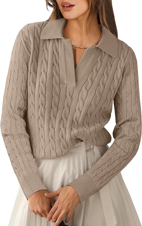 ANRABESS Womens Cable Knit Sweaters Long Sleeve V Neck | Pullover Collared Sweater Tops, Polo Knit Shirts, Business Casual Work, Tennis Golf, Fall Winter Fashion Outfits