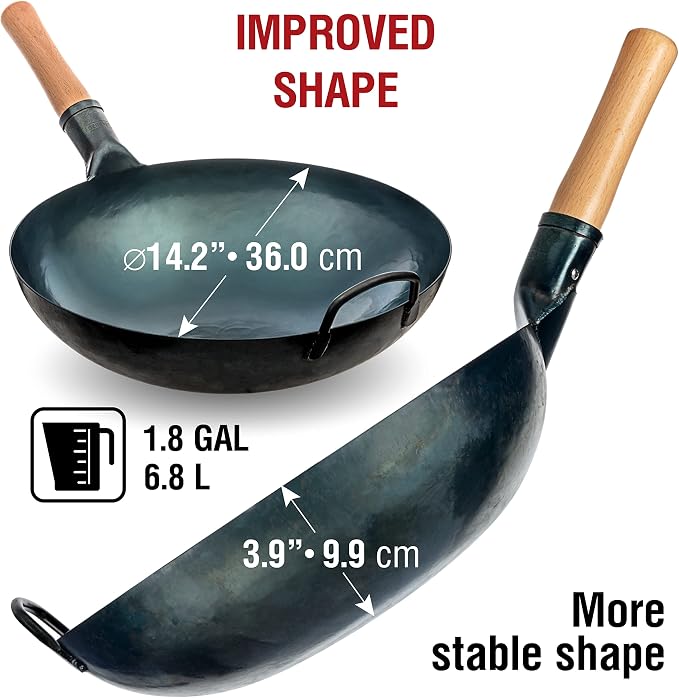YOSUKATA Blue Round Bottom Wok Pan – 14" Woks and Stir Fry Pans + Wok Lid 13.6 Inch - Premium Stainless Griddle Dome with Tempered Glass Insert Steam Holes