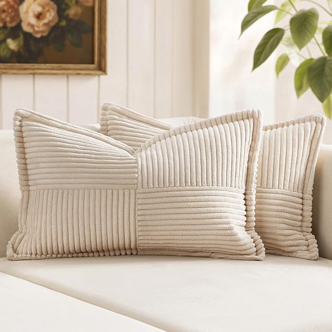 MIULEE Decorative Lumbar Throw Pillow Covers 12x20 Inch Beige 2 Pack | Boho Broadside Striped Patchwork Pillow Covers, Soft Corduroy Cushion Cases, For Couch Sofa Bed Livingroom Home Decor