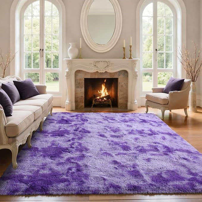 6x9 Purple White Rug Fluffy Living Room Rugs Girls,Plush Soft Fuzzy Area Carpet Non Slip for Bedroom Nursery Kids Girlie Elegant Home Decor Aesthetic