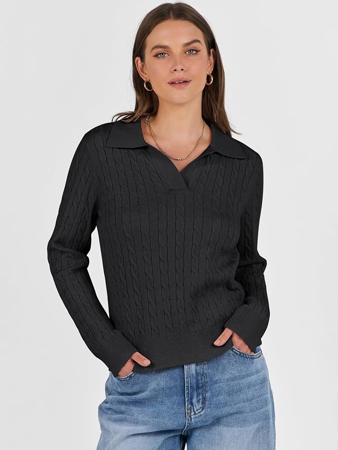 ANRABESS Womens Cable Knit Sweaters Long Sleeve V Neck | Pullover Collared Sweater Tops, Polo Knit Shirts, Business Casual Work, Tennis Golf, Fall Winter Fashion Outfits
