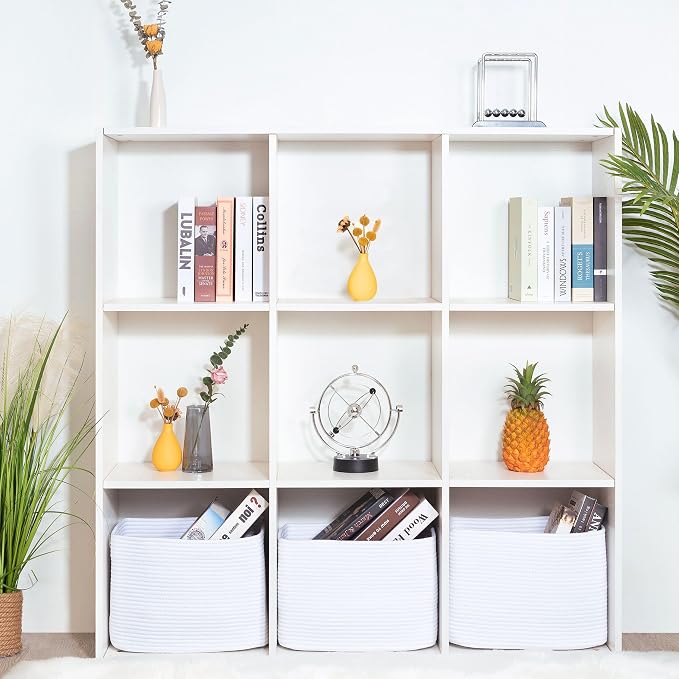 3-Pack Decorative Woven Storage Baskets for Shelves, Cube Bin Box for Organizing Books, Shoes, Dog Toys, Pantry Closet and Living Room Organizer, Full White
