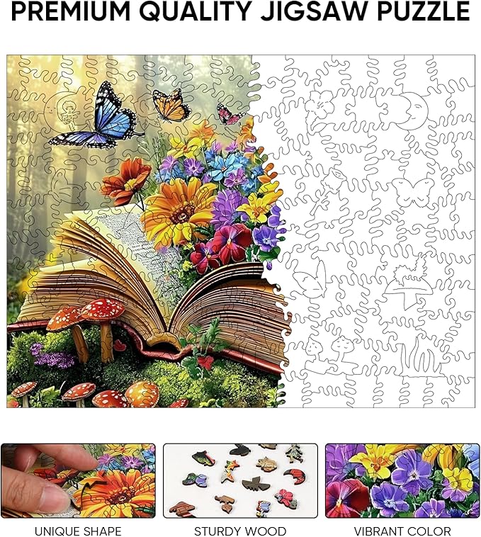 Ixfyloop Butterfly Book Wooden Puzzles for Adults, Colorful Wildflower Magic Jigsaw Puzzles, Wood Toys with Puzzle Storage 200 Pieces, Creative Gift for Family Game 11.8x8.8 inch