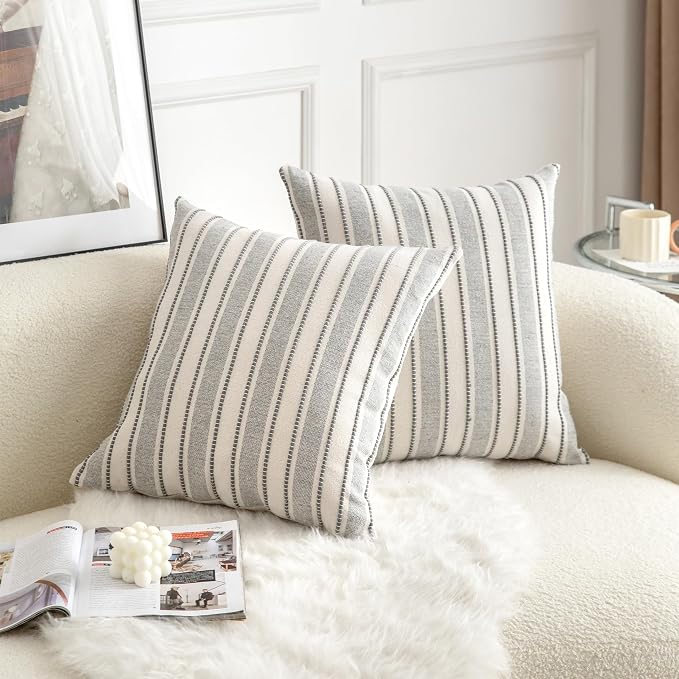 Cethom Decorative Boho Throw Pillow Covers, Farmhouse Textured Pillow Case, 20 x 20 Inch Set of 2, Chair Sofa Bedroom Living Room Home Decor Couch Cushion Case, Grey and Beige Striped