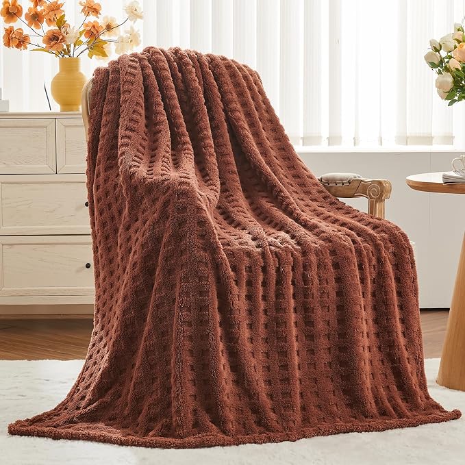 NEWCOSPLAY 3D Waffle Checkered Flannel Queen Blanket, Coffee, 90"x90" | Super Soft Cute Lightweight Decorative Premium Silky Fleece Blanket for Couch Sofa Bed, Gift for Women Men, All Season Use