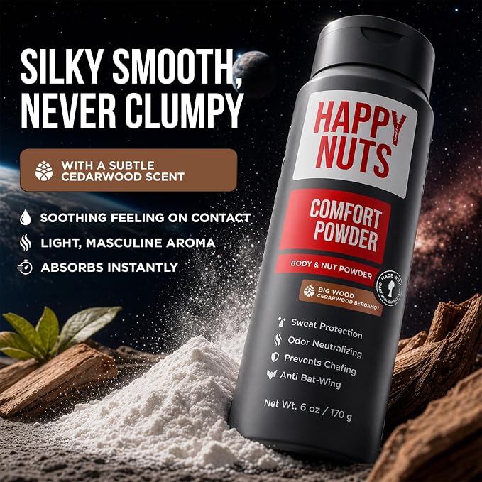 HAPPY NUTS Comfort Powder - Anti Chafing & Deodorant, Aluminum-Free, Sweat and Odor Control for Jock Itch, Groin and Men's Private Parts 6oz (6 Ounce (Pack of 1), Big Wood)