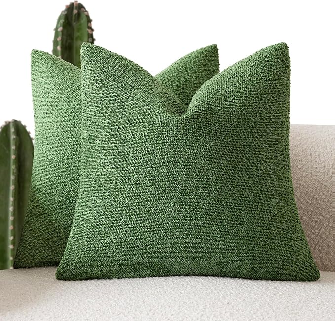 Foindtower Pack of 2 Decorative Textured Boucle Throw Pillow Covers Neutral Accent Solid Pillow Cases Cozy Soft Couch Cushion Case for Chair Sofa Bedroom Living Room Home Decor 22x22 Inch Forest Green