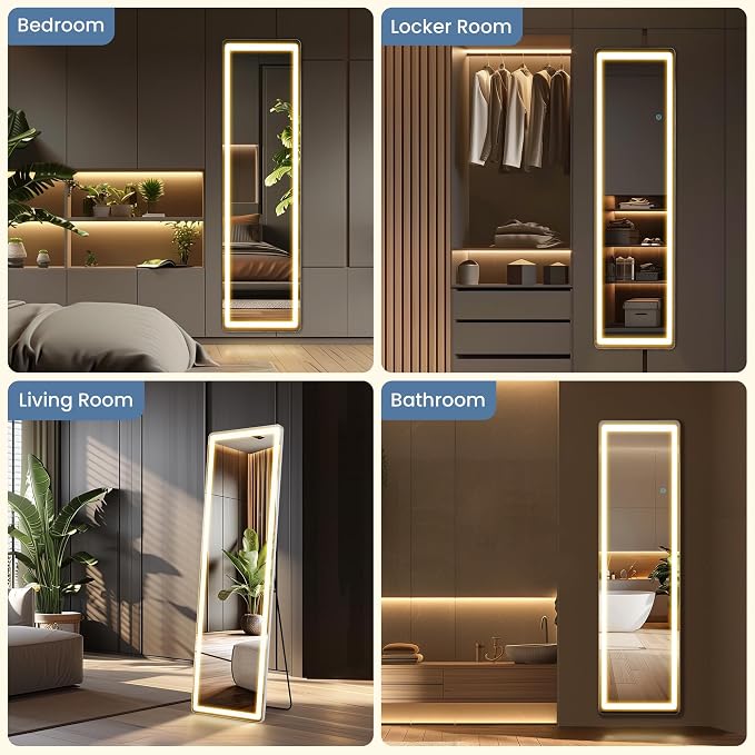 OLIXIS LED Full Length Mirror with Lights, Full Body 16"x60" | Standing Lighted Floor, 3 Color Lighting, Wall Mounted Bedroom Bathroom Entryway, Tempered Glass