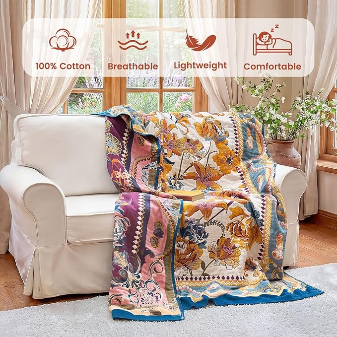MSGKV Boho Throw Blanket 90"x90" Summer Cotton Victoria Floral Blanket | Muslin Throw, Victoria Floral, Reversible Woven, Lightweight Comfort, Farmhouse Decor, All Seasons, Machine Washable