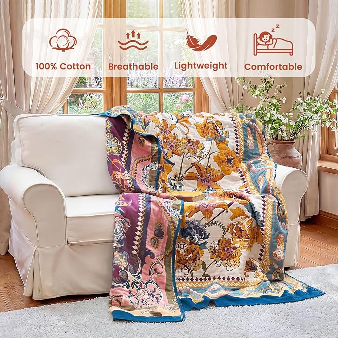 MSGKV Boho Throw Blanket 50"x60" Summer Cotton Victoria Floral Blanket | 100% Cotton Muslin, Victoria Floral Throw, Reversible Weave, Soft & Breathable, Cozy Home Accent, Machine Washable