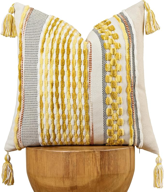 Chenille Striped Textured Boho Throw Pillow Covers Aesthetic with Tassels Woven Decorative Pillow Case for Couch Bed Sofa Bedroom Modern Funky 18 x 18-Inch Yellow
