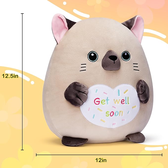 Get Well Soon Siamese Cat Large Plush Pillow Stuffed Animal Toy Patient Feel Better,12.5" Big Size Cute Plushie,Gift for Kids Women Girls