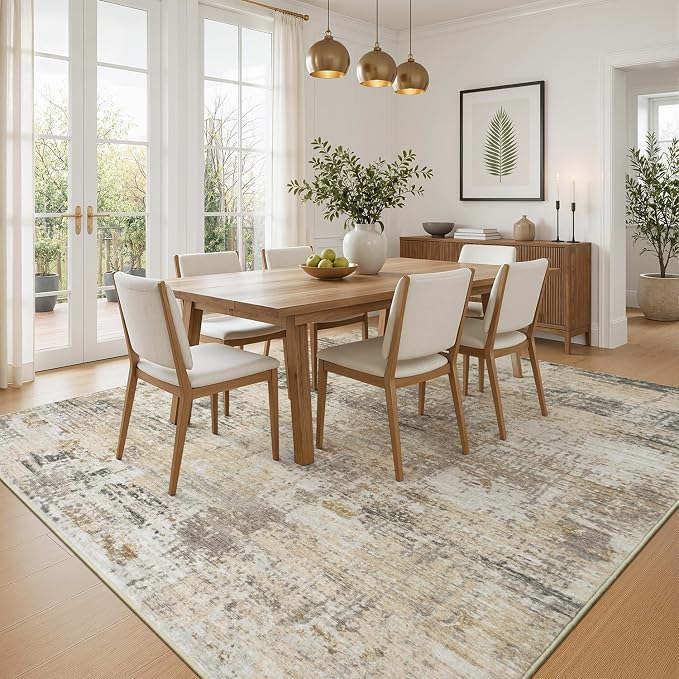 Rugflix 5x7 Area Rugs for Living Room, Washable Gold Beige Grey Large Rug | Machine Washable; Stain-Resistant; Low Pile; Non-Slip; Modern Abstract; Carpet for Bedroom Dining Office Nursery Home