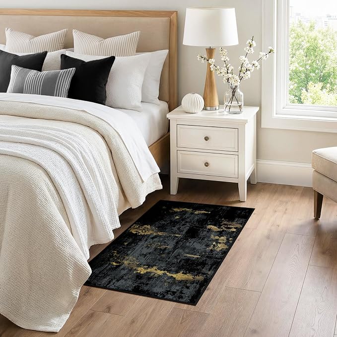 RELEANY Washable 3'x4' Abstract Area Rug for Living Room Black Gold | carpet for bedroom, kitchen, office, hallway and entryway, printed pattern, non-slip, soft, stain-resistant, easy to clean