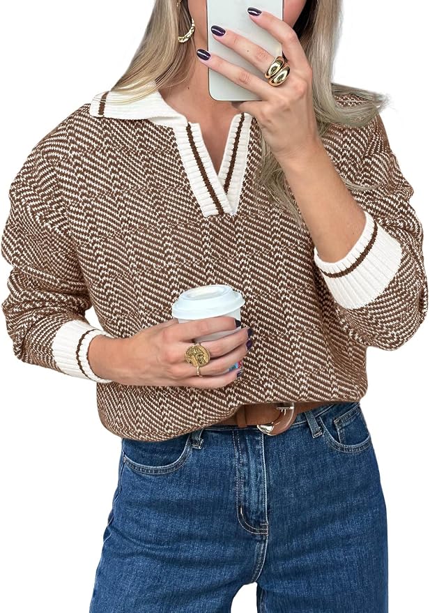 Saodimallsu Womens Fall Sweaters Tops Lapel V Neck Knit Color Block Shirt | Winter,Long Sleeve,Casual,Soft,Pullover,Cozy,Ribbed,Ladies,Chunky,Warm Sweaters,Checkered,Tunic,Work