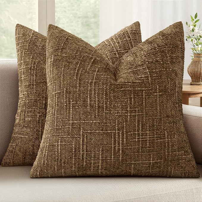 MIULEE Chenille Textured Fall Throw Pillow Covers Bronze 20x20 Set of 2 | Slubby Decorative Pillows, Boho Farmhouse Rustic Home Decor, Modern Neutral Cushion Covers for Couch Sofa Bed Living Room