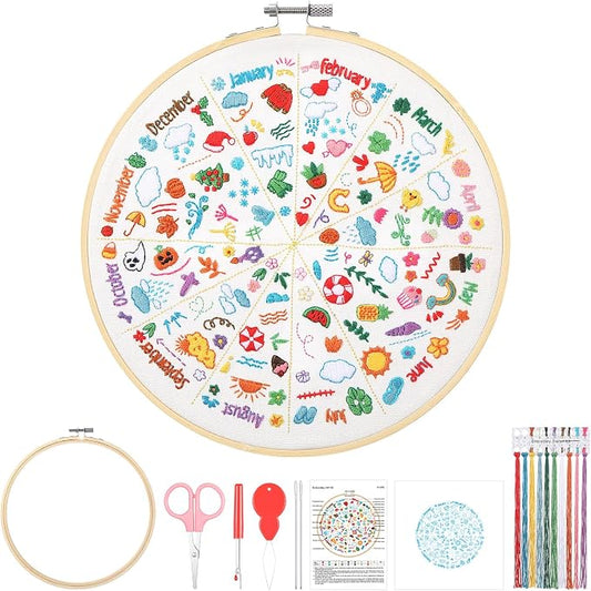 Norme 1 Set 12 Months of Doodle Designs Embroidery Kit for Beginners Adults All Season Patterns DIY Craft with Pre-Stamped Fabric 7.8 Inch Embroidery Hoop, Threads, Needles, Tools and Instructions