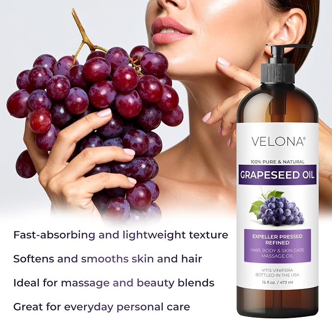 velona Grapeseed Oil 16 fl oz | 100% Pure and Natural Carrier Oil | Refined | Skin, Face, Body, Hair Care | Use Today - Enjoy Results