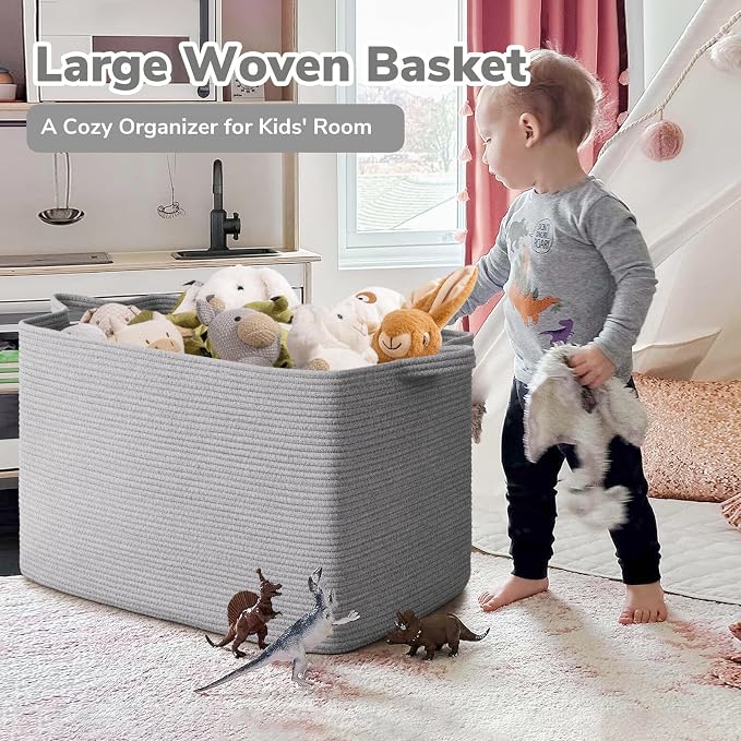 Goodpick 105L Extra Large Woven Rope Blanket Basket, Rectangle, Gray | 25'' x 16'' x 16'' Storage Basket for Blankets, Pillows & Clothes, Living Room & Bedroom Organization, Reinforced Handles