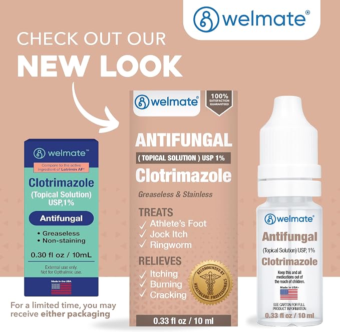 WELMATE Clotrimazole 1% Antifungal Drops, 2 Pack 0.33 fl oz Each - Athlete's Foot, Jock Itch & Ringworm Treatment, Fast-Acting, Greaseless Non-Staining, Relieves Itching, Burning & Cracked Skin