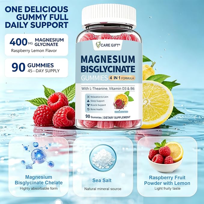 Magnesium Bisglycinate Gummies 400mg Chelated Magnesium with Vitamin D3 B6 and L-Theanine Sleep Support Calm, Muscle Relaxation Bone Health, 90 Gummies| 45 Day Supply, Lemon Raspberry Flavor