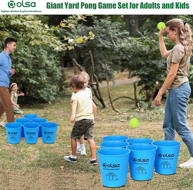 Olsa Giant Yard Pong Backyard Games, Outdoor Games for Kids Adults, Giant Family Lawn Game with 12 Buckets, Balls, Carrying Bag-Party Game for Beach Camping Outdoor Party(Blue)