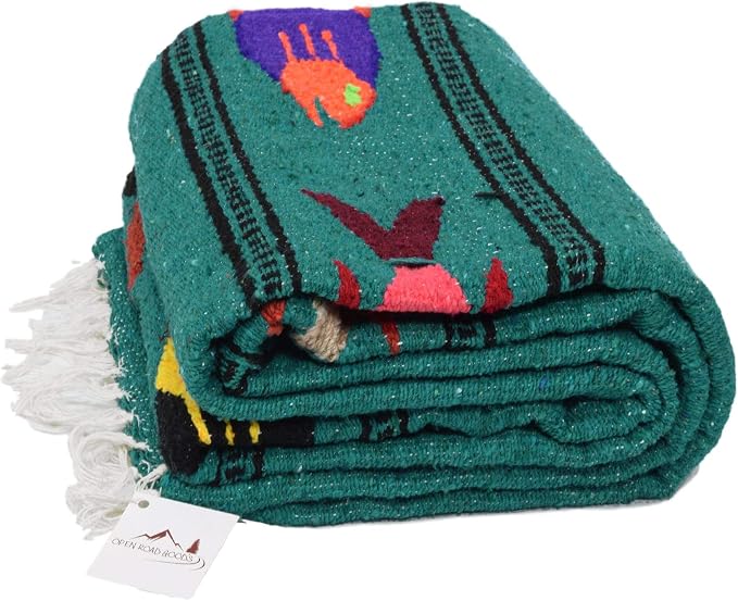 Open Road Goods Thick Mexican Yoga Blanket - Serape Fish Design - Handmade (Turquoise)
